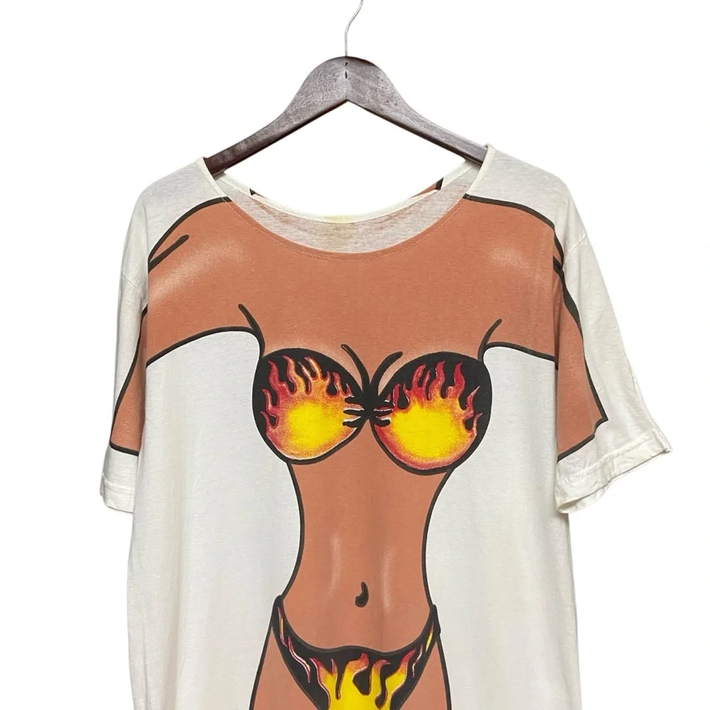 Vintage 90s Streetwear Distressed Flame Bikini Beach T-Shirt Women's Swim Dress